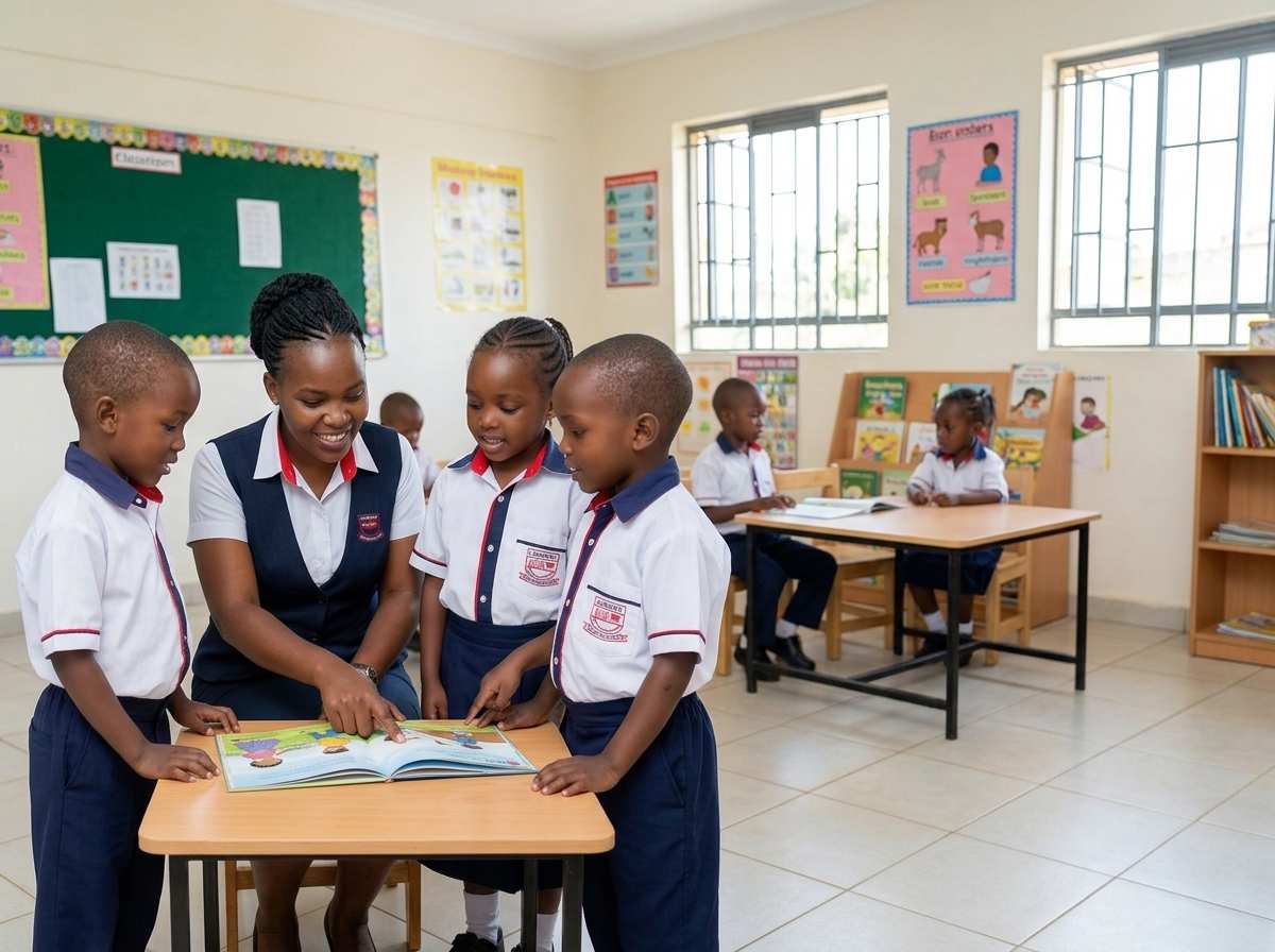 Kindergarten teacher reading picture book to students in ECDE class