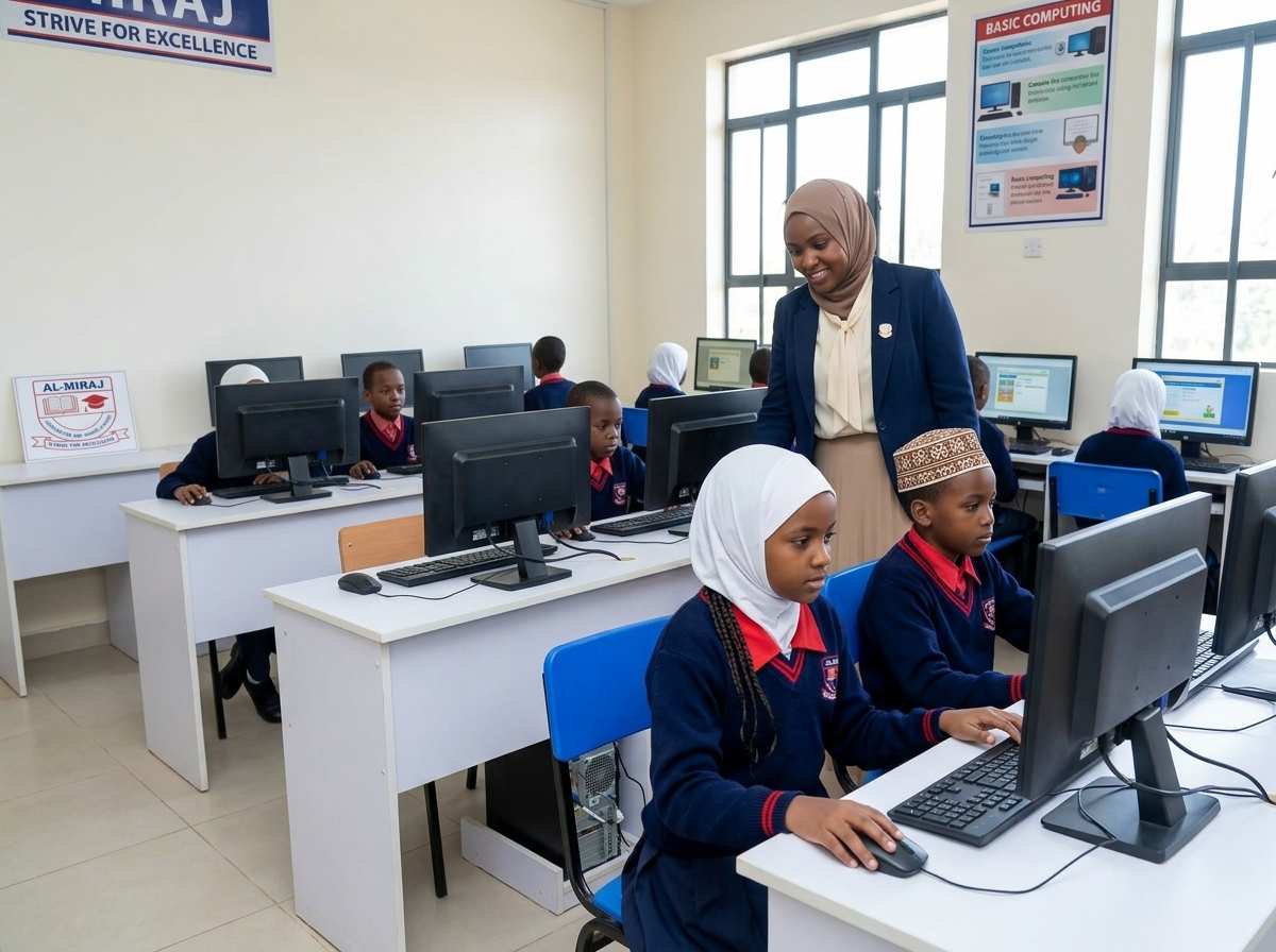 Students in hijab in computer lab with teacher assisting at Primary level