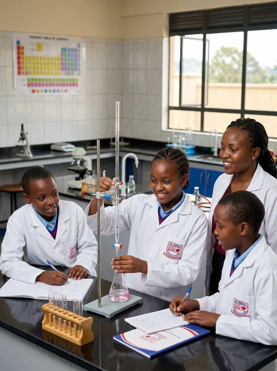 Students and teacher in lab coats performing chemistry titration experiment