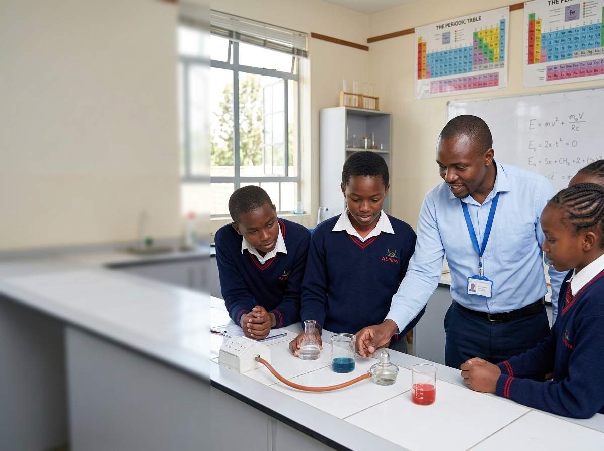 Teacher demonstrating experiment to students at Al-Miraj Institute